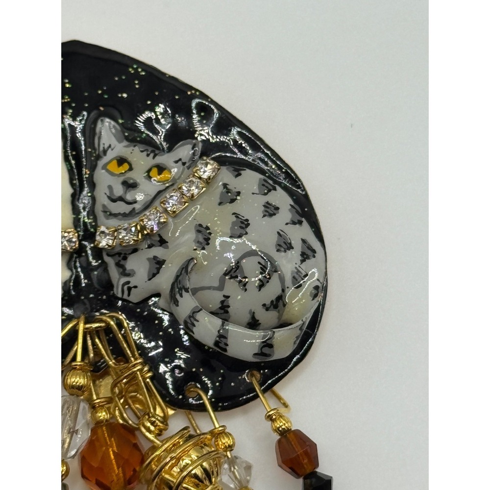 Lunch At The Ritz Cat Rhinestone Enamel Dangle Brooch - Picture 5 of 13